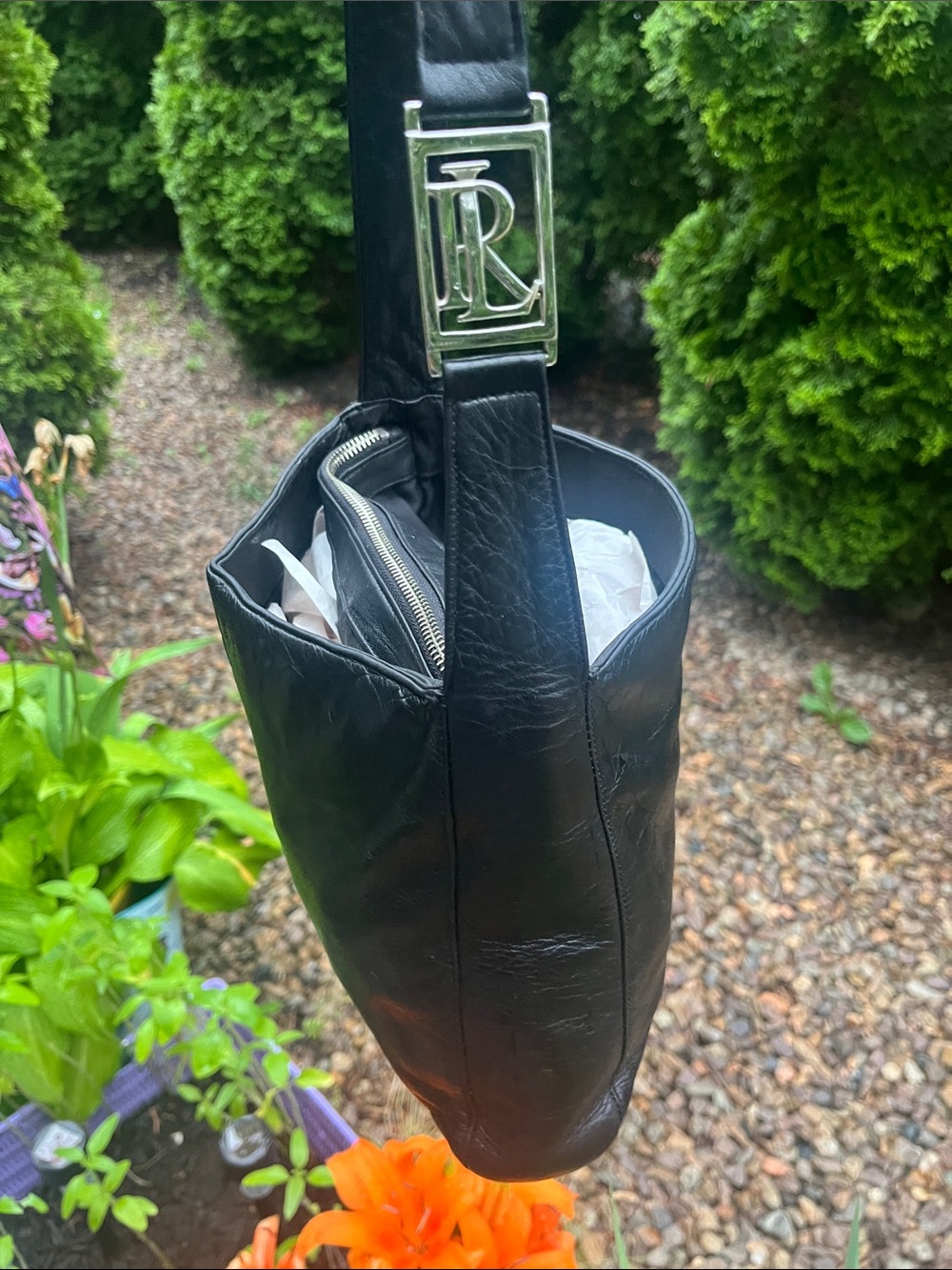 Ralph Lauren Black Leather Shoulder Bag with Silver Ralph Lauren Logo 9 x 11 - Picture 2 of 6